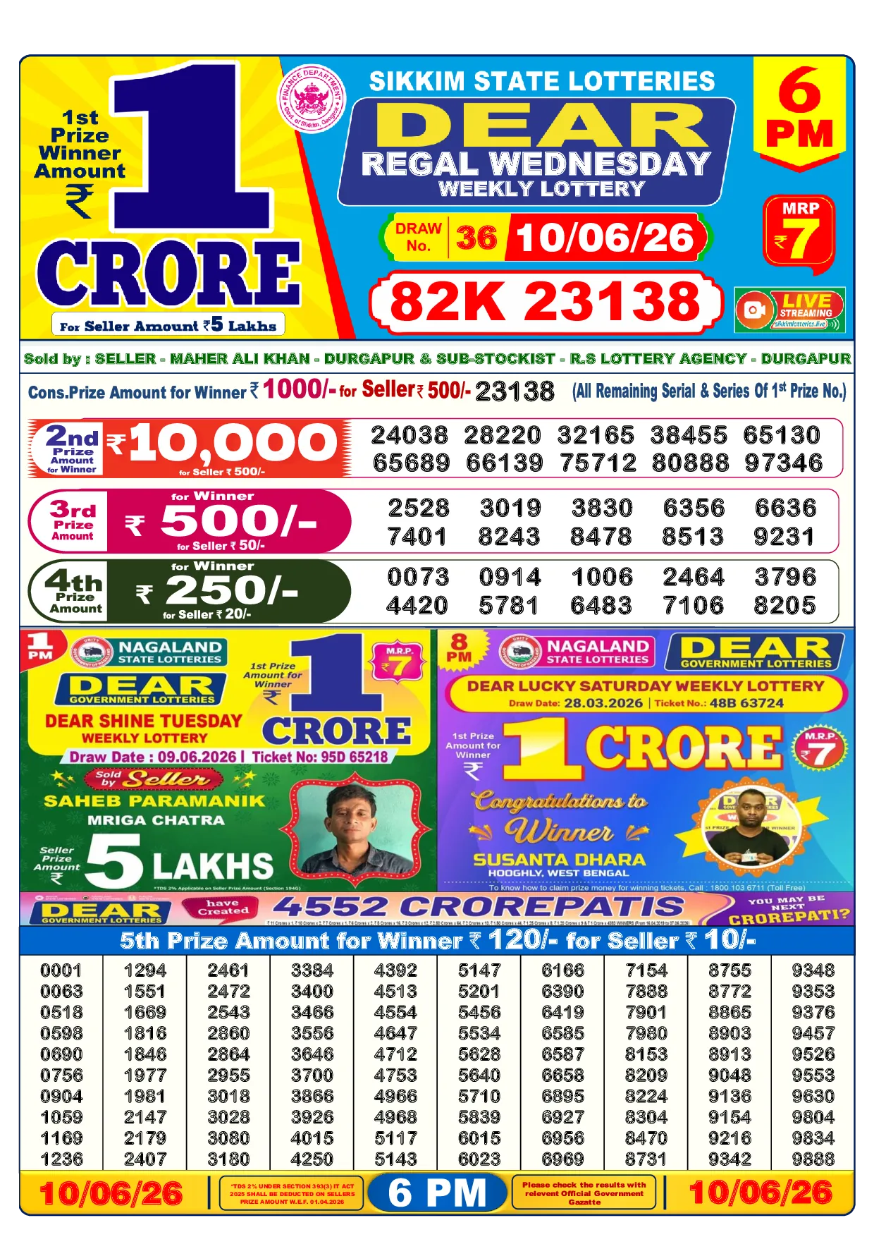 Dear Lottery Sambad Today 6 PM Result Image - 10.06.2026
