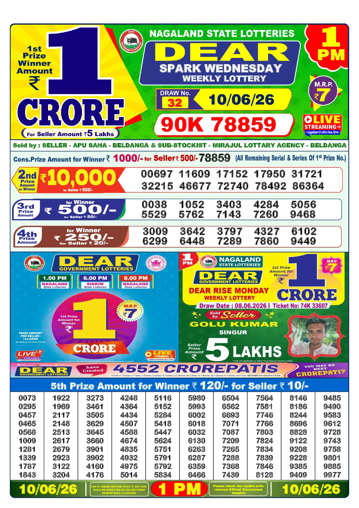 Dear Lottery Sambad Today 1 PM Result Image - 10.06.2026